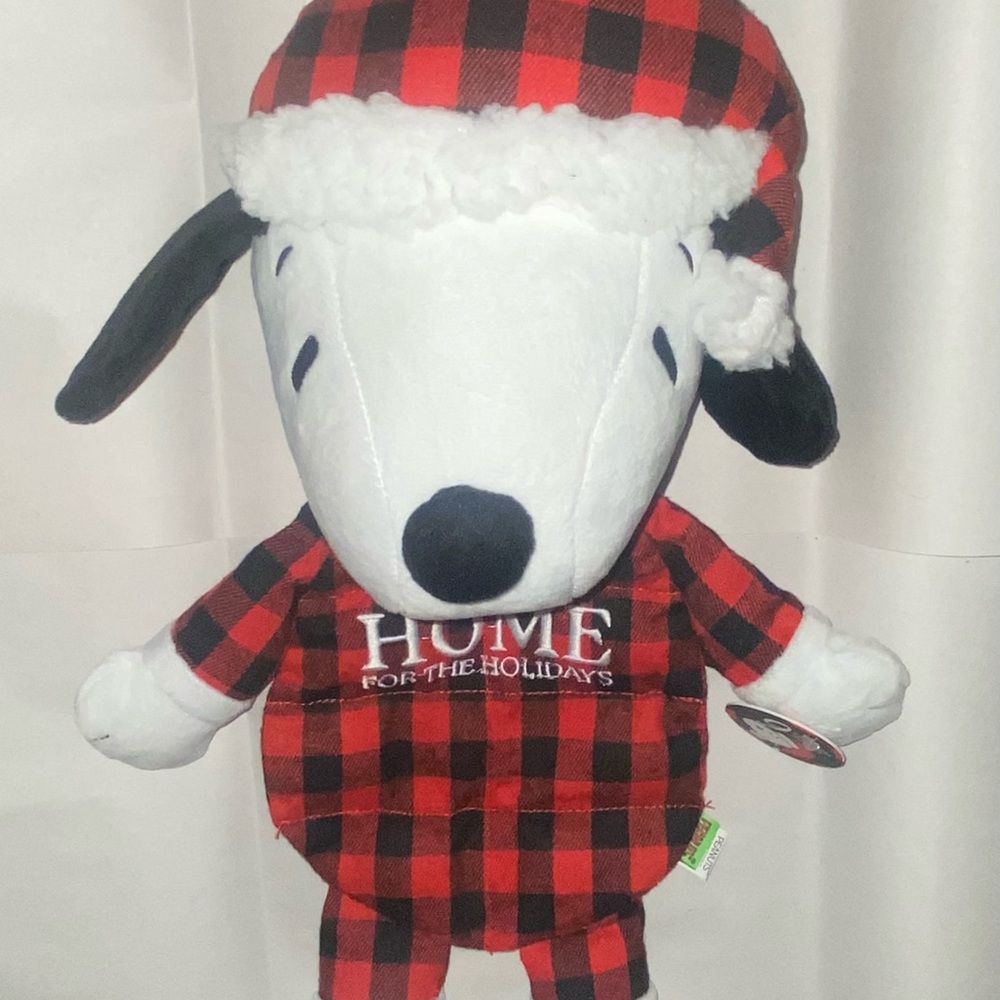 Peanuts Snoopy Plush in Red and Black Plaid Dog Toy with 9 squeakers